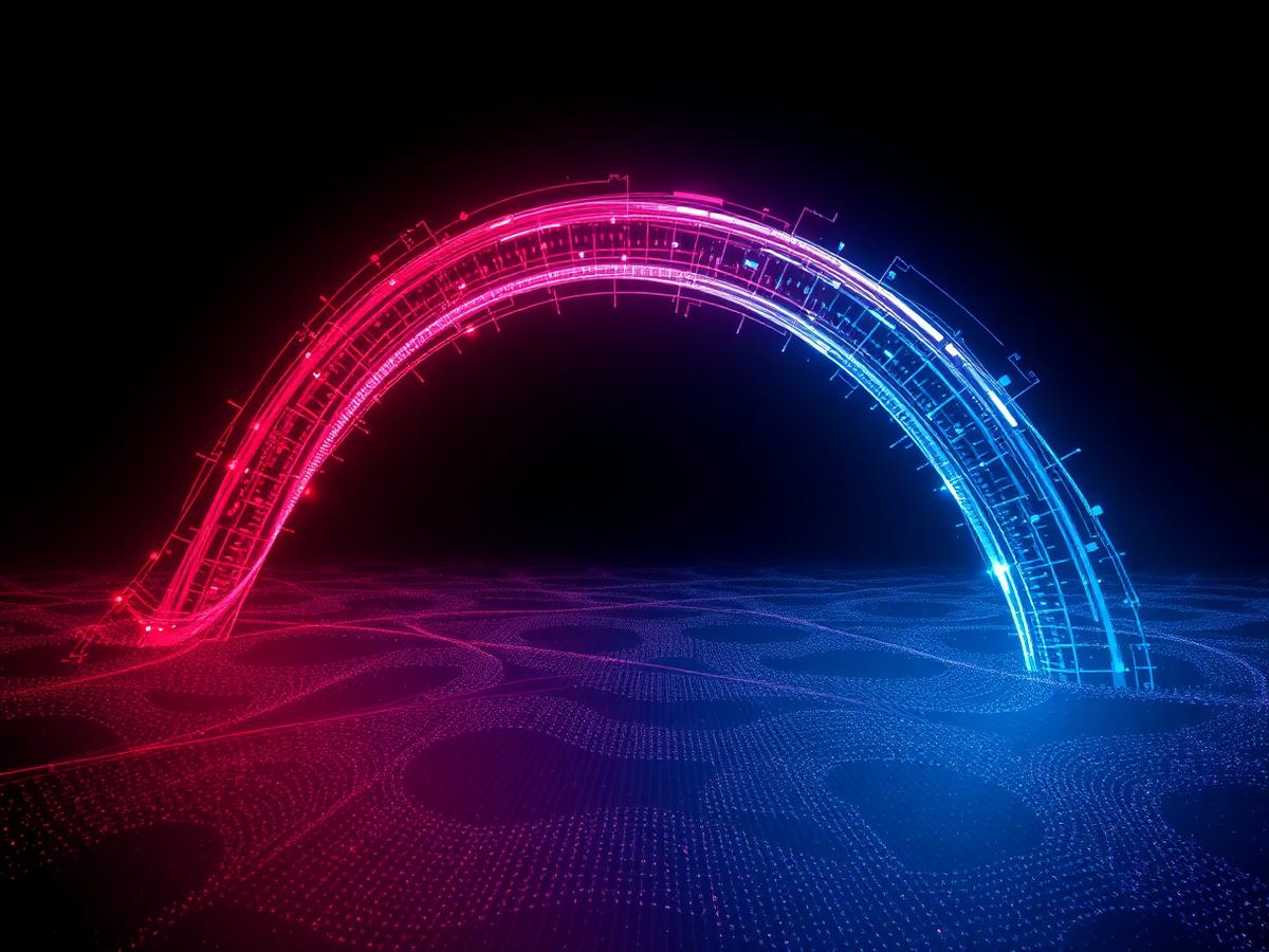 Abstract crimson and steel-blue data streams forming a glowing arc